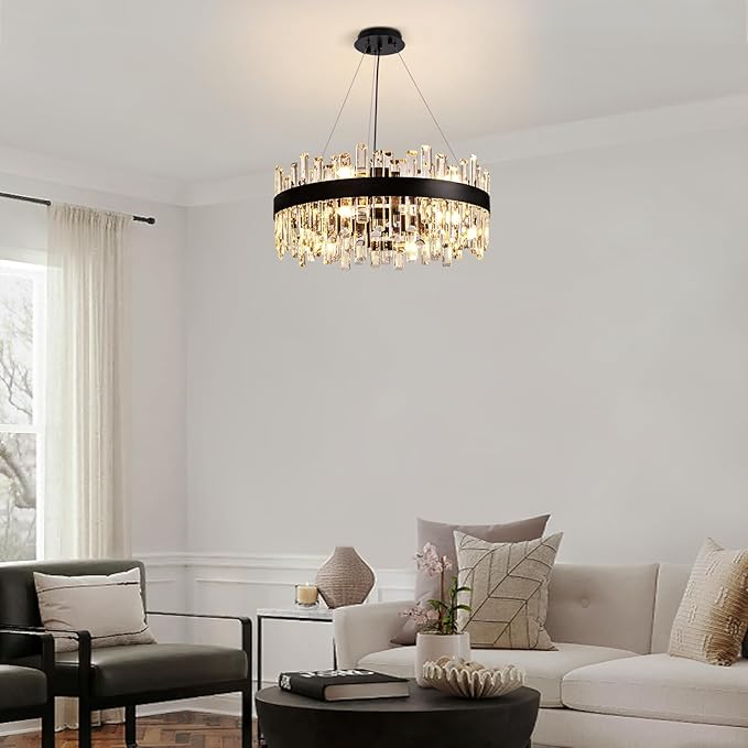 CROSSIO 12-Light Modern Crystal Chandelier for Dining Room, Black Round Flush Mount Ceiling Light, Luxury 2-Tiers K9 Crystal Raindrop Chandelier for Living Room Entryway Foyer Bathroom D23.6''