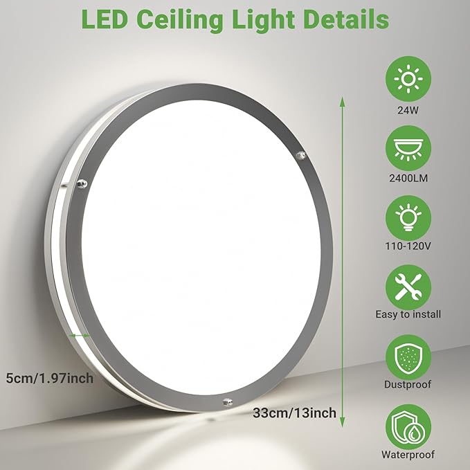 zemty 1Pack 13Inch Brushed Nickel LED Flush Mount Ceiling Lights, Dimmable 3000K-6500K, 24W 2400LM Damp-Rated Stainless Steel Light Fixture for Kitchen Bathroom Bedroom Closet Laundry