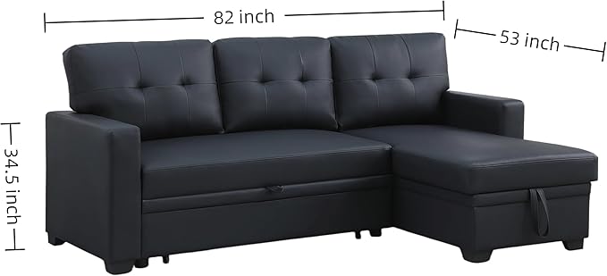 Pull Out Couch, L Shaped Sectional Couch with Pull Out Bed, Convertible Sofa Bed with Storage Chaise, Twin Size Sleeper Sofa, Sofa Bed Couch, Sleeper Sofa with Storage, Black