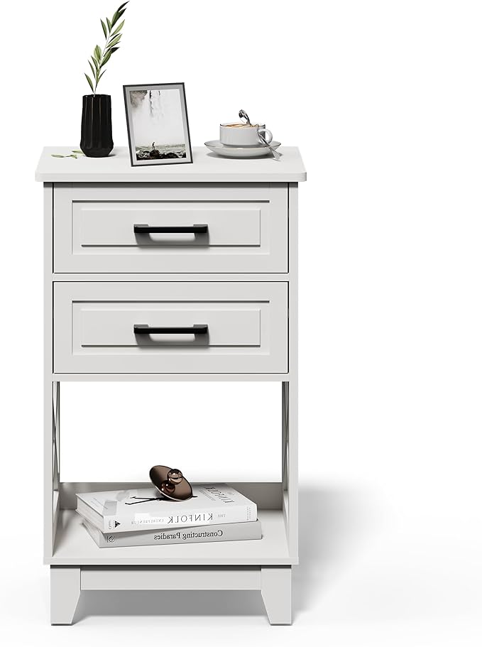 White Nightstand, Tall Side Table with 2 Drawers and Open Shelf, Bedside Table with Solid Feet, Modern Night Stand End Table for Bedroom, Home Office, White