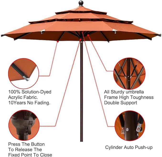 EliteShade USA 10-Year-Non-Fading 11ft 3-Tier Market Patio Umbrella, Commercial Grade Outdoor Table Umbrella with Cylinder Push-Up, Windproof & UPF 50+ UV Protection, Heavy Duty Ventilation for Garden, Deck, Pool, Backyard, Beach & Bistro, Rust