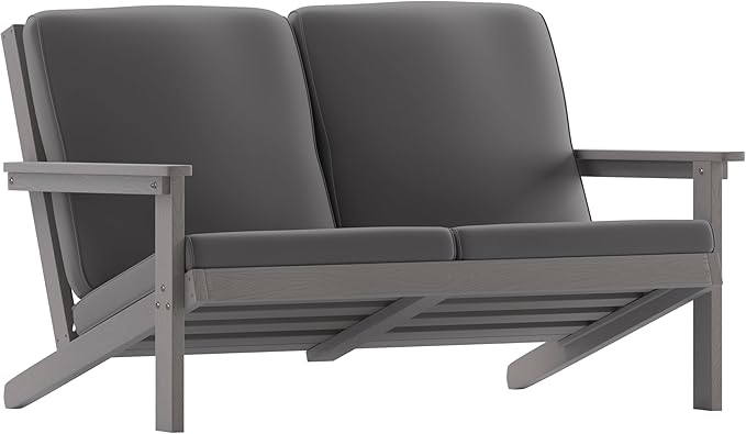 Flash Furniture Charlestown Adirondack Style Deep Seat Patio Loveseat with Cushions - Gray Poly Resin Frame - Gray All-Weather Cushions - Indoor/Outdoor