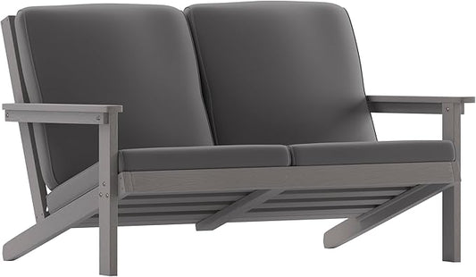 Flash Furniture Charlestown Adirondack Style Deep Seat Patio Loveseat with Cushions - Gray Poly Resin Frame - Gray All-Weather Cushions - Indoor/Outdoor