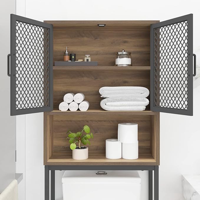 Launica Bathroom Organizer Over Toilet, Over The Toilet Storage Cabinet, Wood Metal Bathroom Space Saver Stand Behind Toilet, Industrial Freestanding Rack Above Toilet Wtih Shelf, Rustic Oak