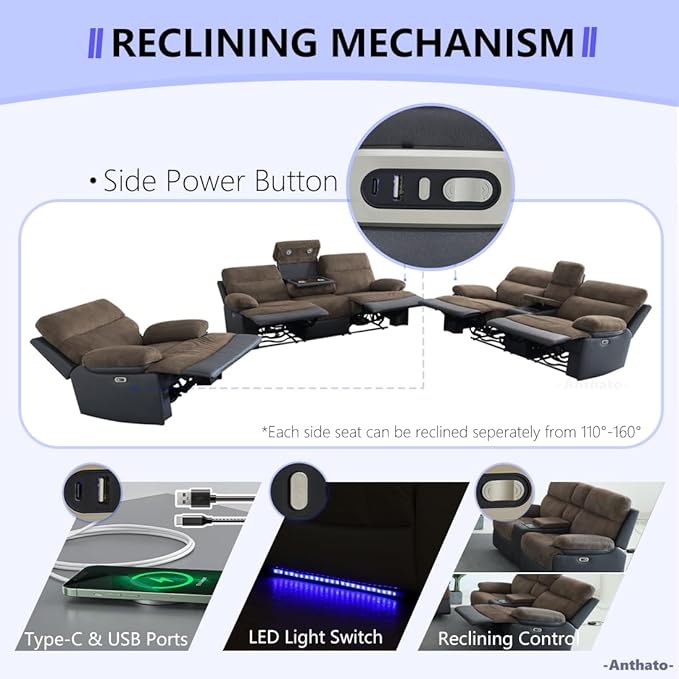 Fabric Power Reclining Sofa Set, Living Room Furniture Sets, Recliner Loveseat & Sofa Set with Cup Holders/Charging/Storage, Corduroy & Breathing Leather Reclining Couch for Home Theater,Brown