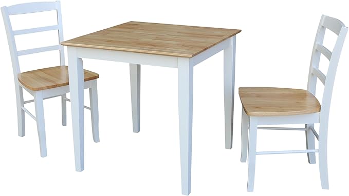 Dining Table Set with 2 Ladderback Chairs Solid Wood Parawood Kitchen/Dining Furniture, Table 30"W x 30"D x 30"H, Chairs 18.1"H x 19.3"D x 35.2"H, Seat 18"W x 18.11"D x 16.34"H