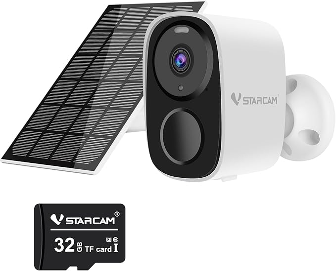 VSTARCAM 2K Solar Outdoor Security Camera with Micro SD Card 32 GB, PIR Motion Detector, Color Night Vision, 2.4GHz&5GHz WLAN, 2-Way Audio, IP66