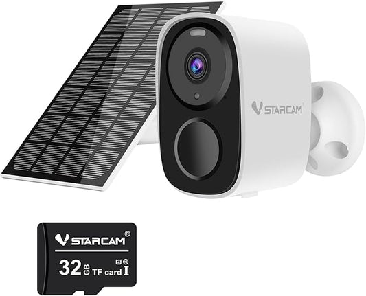 VSTARCAM 2K Solar Outdoor Security Camera with Micro SD Card 32 GB, PIR Motion Detector, Color Night Vision, 2.4GHz&5GHz WLAN, 2-Way Audio, IP66