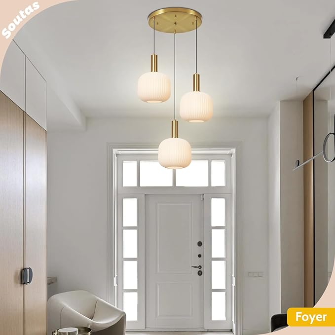 3 Light Cluster Chandelier Milk Glass Pendant Lights Kitchen Island Light Fixtures Ceiling Hanging with Striped Globe Shade Mid Century Modern White and Gold Pendant Light Over Dining Table