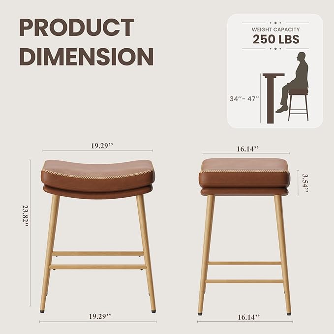 Bar Stools Set of 2, Counter Height Bar Stools with Thick PU Leather Saddle Seat & Sturdy Metal Frame Legs,Backless Bar Stools for Kitchen Island Dining Cafe,Brown