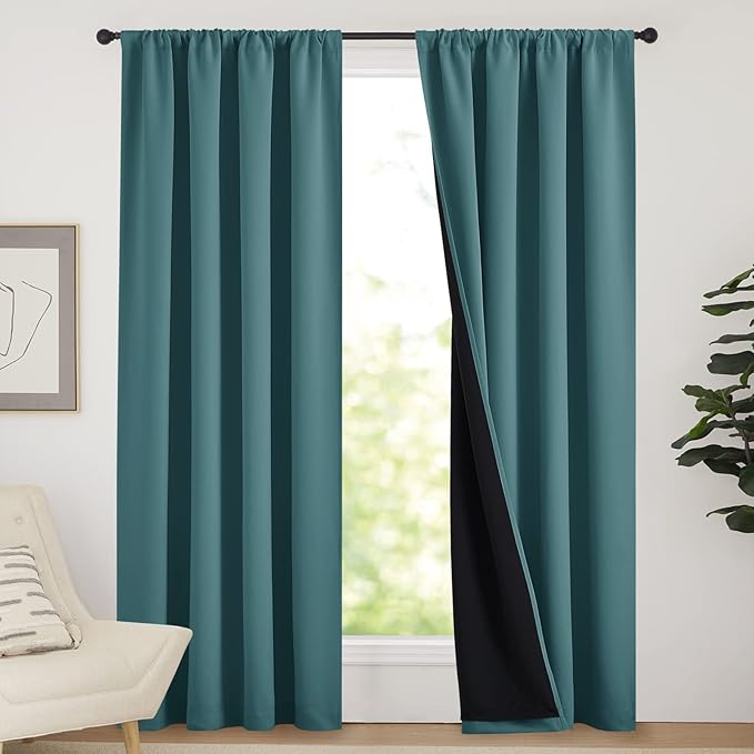 NICETOWN Complete 100% Blackout Curtain Set, Thermal Insulated & Energy Efficiency Window Draperies for Guest Room, Full Shading Panels for Shift Worker and Light Sleepers, Sea Teal, 52W x 84L, 2 PCs