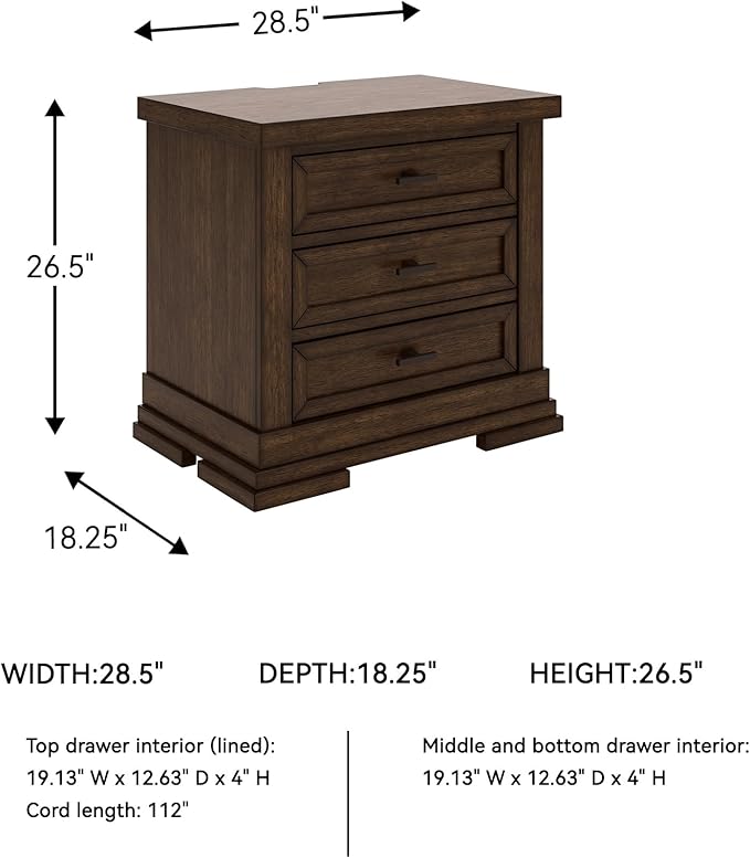 Signature Design by Ashley Taffenbrook Farmhouse 3-Drawer Nightstand with Felt-Lined Top Drawer, Power Supply and USB Ports, 28.5" W x 18.25" D x 26.5" H, Dark Brown