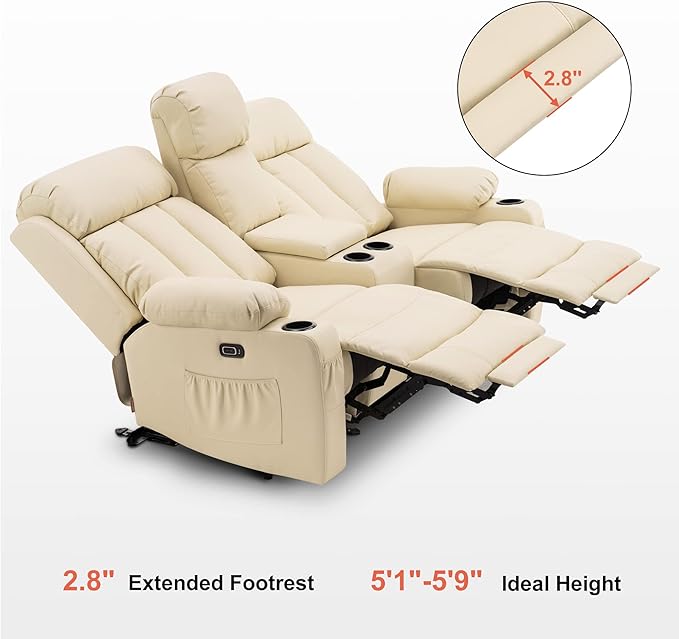 MCombo Zero Gravity Loveseat Recliner with Console, Heat and Massage, Power Reclining Sofa for Living Room, Faux Leather 6095 (Cream White, Loveseat Recliner with Console)