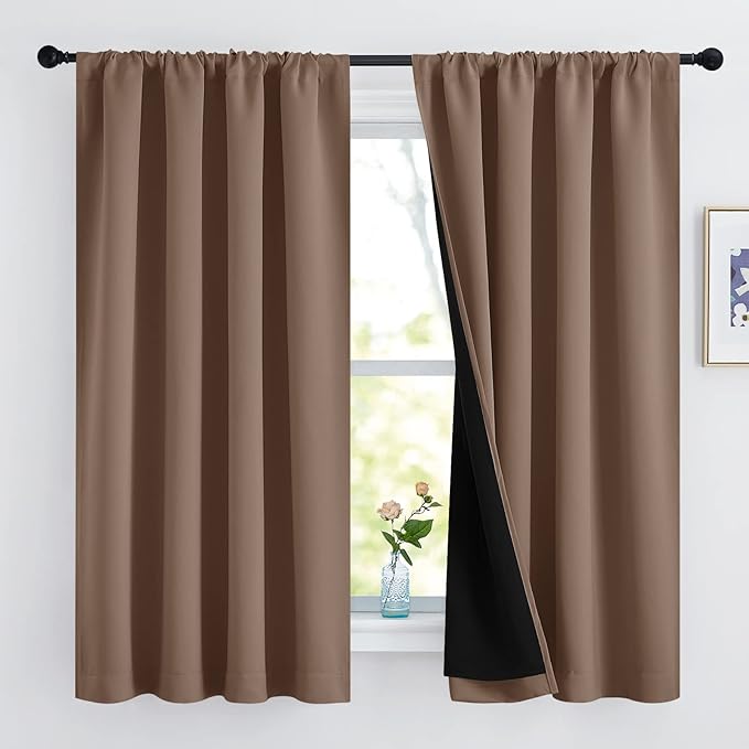 NICETOWN Total Blackout Panels for Nursery, Super Soft, Heavy Duty and Thick Window Treatment Curtains 63 inches Long with Black Lined for Basement (1 Pair, Cappuccino, 52 inches Wide Each Panel)