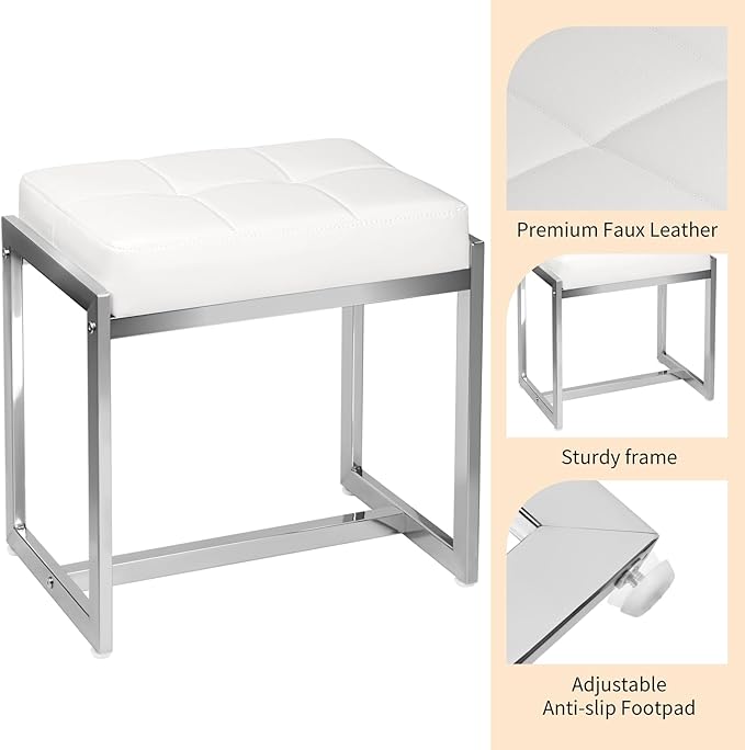 Vanity Stool, Vanity Chair Stools for Makeup Room, Faux Leather Small Makeup Bench, Modern Silver Metal Legs Ottoman Foot Rest for Bedroom Living Room, White & Silver