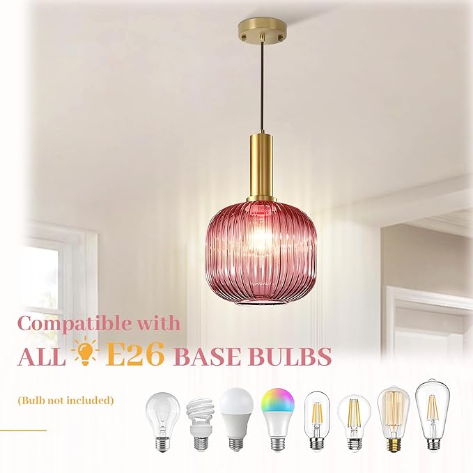 Glass Pendant Lamp Pink Pendant Light Kitchen Pendant Lighting Over Island Mid Century Modern Hanging Ceiling Light Gold Single Globe Chandelier Light Fixture for Dining Room Bedroom Hallway