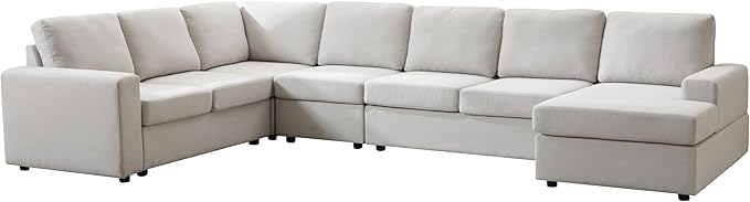 Ball & Cast 147" L-Shaped Sectional Couch for Living Room with Reversible Chaise & Removable Back Cushions,7 Seat Linen Upholstered Convertible Sectional Sofa Set,DIY Combination,for Home,Office,Beige