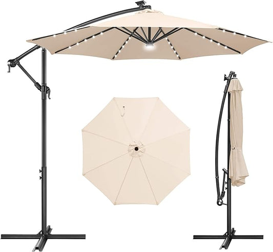 FLAME&SHADE 10ft Solar Cantilever Umbrella with 40 LED Lights, Lighted Large Offset Outdoor Patio Umbrellas, 8 Sturdy Ribs, UPF50+ UV Protection for Pool Deck Garden Yard, Beige