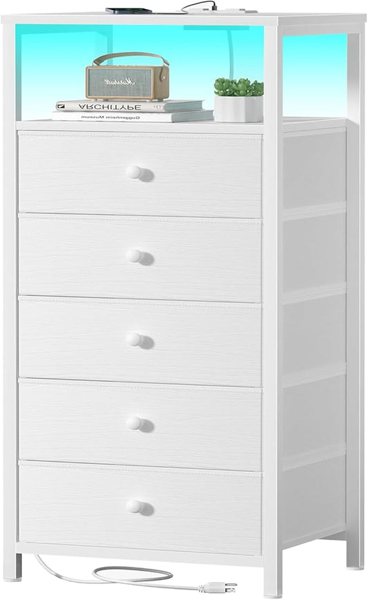 BOLUO White Dresser with 5 Drawers Tall Nightstand with Charging Station and LED Light, Bedside Table Room Storage Drawers Closet