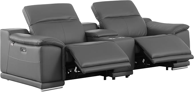 BlackJack Furniture Venice Top Grain Italian Leather Recliner 7 Seater 5 Power Reclining 3 Piece Sofa Set with Adjustable Headrests Modern Seating Sofa, Loveseat and Chair for Living Room, Dark Grey
