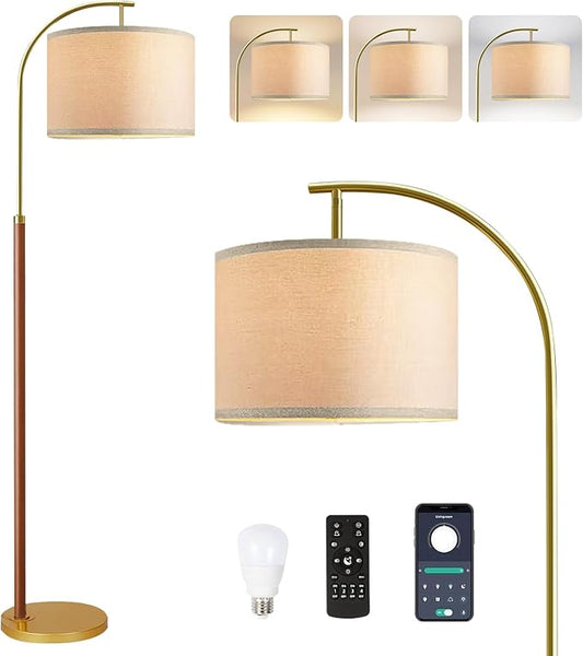 Wood Floor Lamps for Living Room Arc Floor Lamp with Remote Control,Dimmable LED Floor Lamp Mid Century Modern Standing Lamp with 3 Color Temperature Tall Gold Floor Lamp for Bedroom Corner