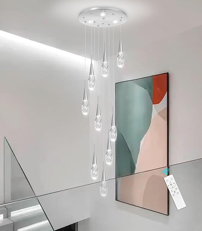 118 Inches Long Chandelier Adjustable Hanging Lights Modern Glam Crystal Ceiling Pendant Dimmable Lighting Fixture for Hallway Foyer Living Room Silver