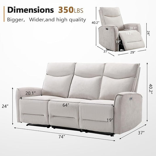 ANJ 3Pieces Recliner Sofa Furniture Set,Double 1 Seat Swivel Recliner Chair with USB Port, a 3 Seater Reclining Sofa for Living Room, Modern Durable Soft Fabric Home Furniture Set, Light Grey
