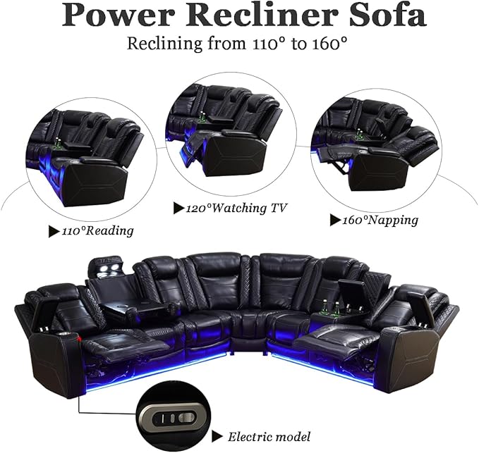 A Ainehome Power LED Furniture Reclining Sectional Couch, Living Room Recliner Adjustable Sofa, Loveseat and Chair with Storage Console for Living Room/Office/Home Theather(B-Black)