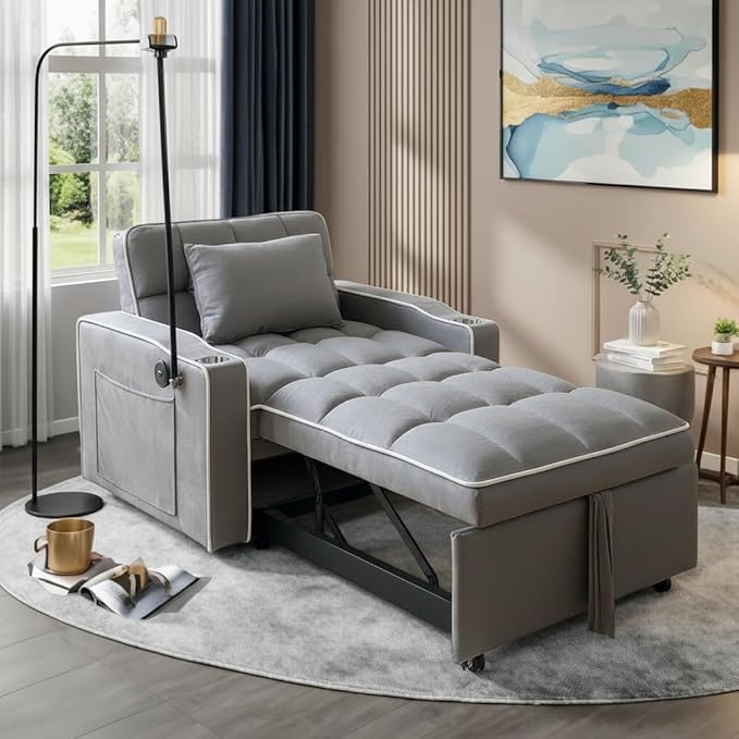 Convertible Sleeper Chair Bed, Pull Out Chair Sleeper with Bracket and Cup Holder, Chairs Bed Sleepers for Adults, 3 in 1 Sofa Bed Chairs for Small Spaces, Living Room, Gray