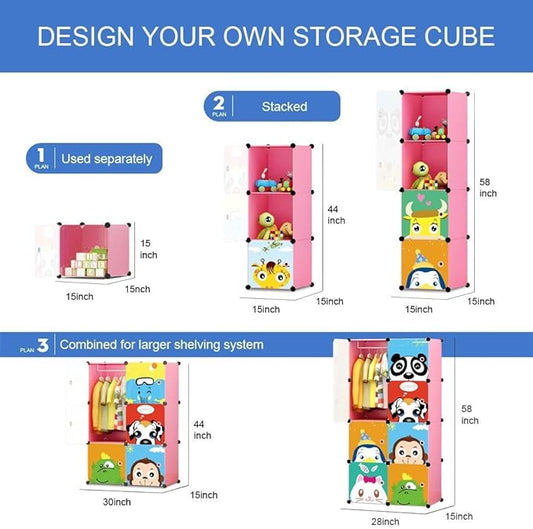 MAGINELS Children Wardrobe Closet,Baby Girl and Kids Closet with Door, Cute Protable Cube Storage Clothes,Dresser for Bedroom,Pink,8 Cube(14x14inch)