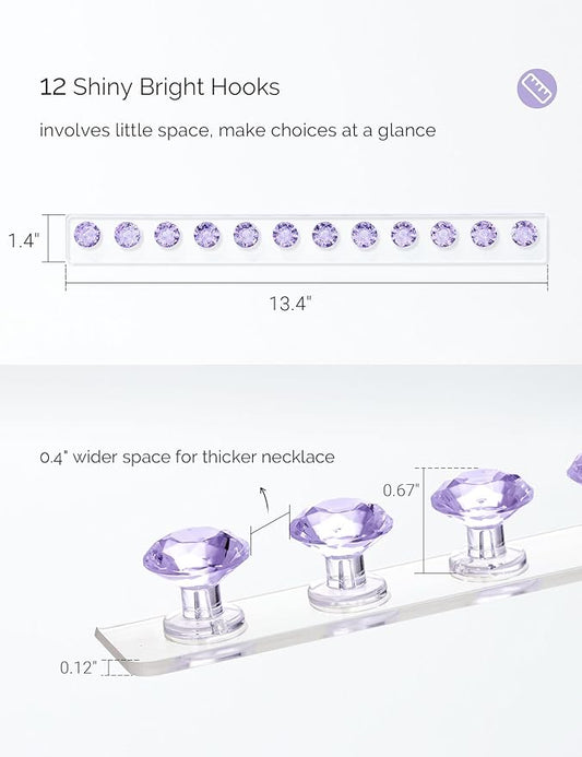 Acrylic Necklaces Holder Wall Mounted Necklace Hangers Hanging Jewelry Organizer with 12 Hooks, Clear Jewelry Hangers for Necklace Organizer for Girls Women, Necklace Hooks for Wall (Purple, 2 Pack)
