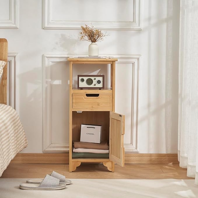Fully Assembled 30" High Bamboo End Side Table, Preassembled Bathroom Floor Cabinet, Tall Nightstand for Bedroom