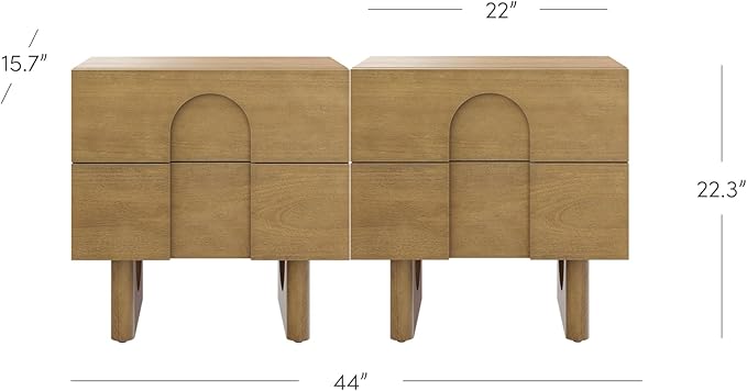 Nathan James Jett Mid Century Modern Nightstand or Bedside Table Set of 2, Wooden Bedside Table with Drawers and Arched Door Cutout, Light Brown