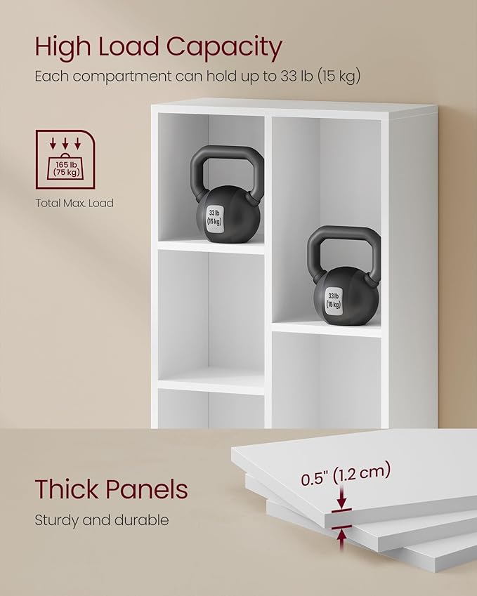 VASAGLE CUSTOS Collection - Bookshelf, Bookcase, Cube Shelf with 5 Compartments, 9.4 x 19.7 x 31.6 Inches, Storage Shelf, for Living Room, Home Office, Dining Room, Cloud White ULBC25WT