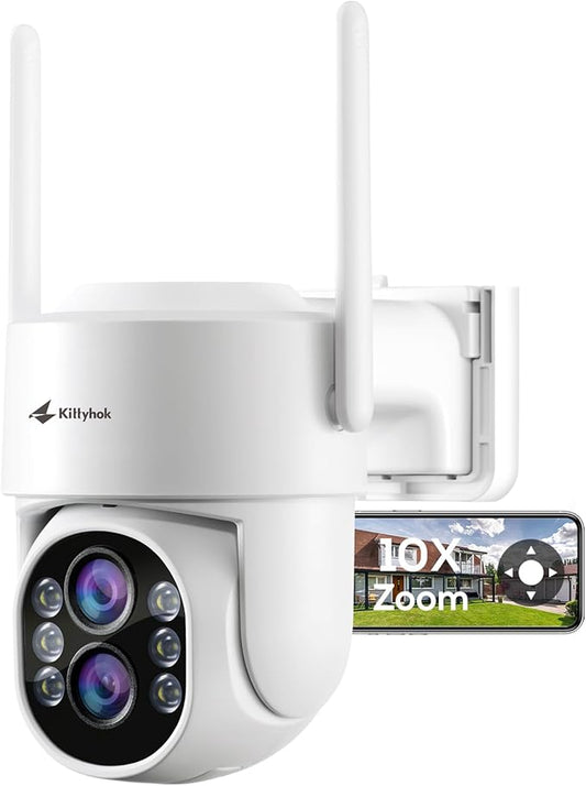 Kittyhok Dual Lens PTZ Security Camera Wireless Outdoor | 2K FHD Wireless Security Camera with 10X Hybrid Zoom, 360 Viewing, Auto Tracking, Spotlight, Human Detection, Support SD Card