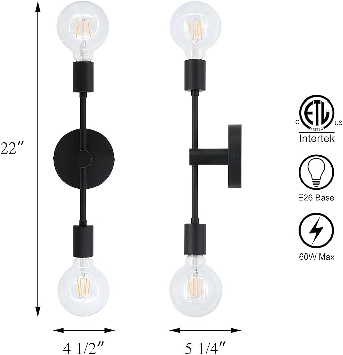 XiNBEi Lighting 2-Light Black Bathroom Lighting Over Mirror, Modern Sconces Wall Light Fixtures with LED Bulb, Indoor Wall Sconce Lighting for Hallway Bedroom Kitchen XB-W1234-2-MB-G30