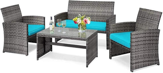 DORTALA 4 Piece Patio Furniture Set, Outdoor Wicker Conversation Set with Soft Cushions & Tempered Glass Coffee Table, Rattan Patio Sofa Bistro Sets for Courtyard Balcony, Turquoise