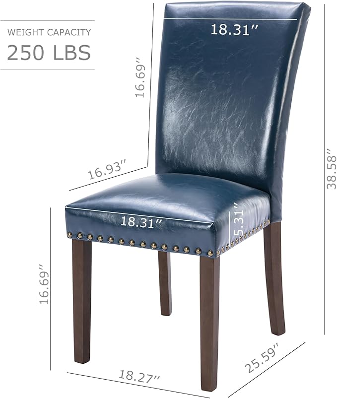 COLAMY Upholstered Parsons Dining Chairs Set of 2, PU Leather Dining Room Kitchen Side Chair with Nailhead Trim and Wood Legs - Blue