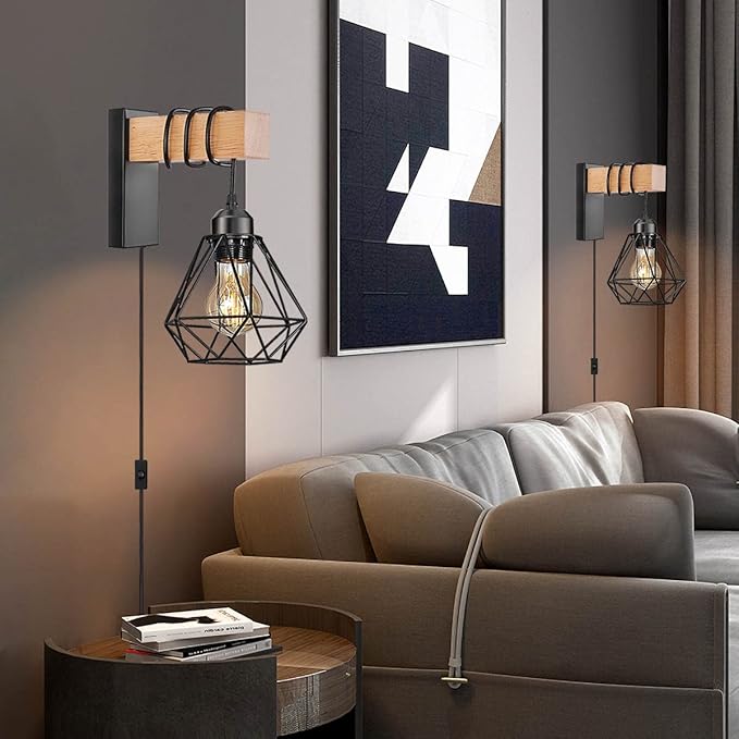 Plug in Wall Sconces Set of Two,Farmhouse Wall Mounted Lights with Plug in Cord,Black Rustic Wall Lamp for Bedroom Bedside Living Room,with Wood Arm and 70.8inch On/Off Switch Cord,2 Pack