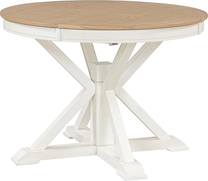 ERYE Retro Style Round Dining Table Functional Wooden Extendable Oval Dining Table with 12" Leaf and Natural Wood Grain Variation Tabletop