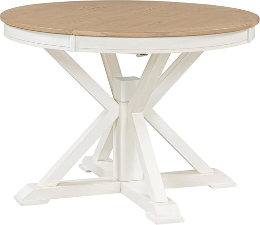 ERYE Retro Style Round Dining Table Functional Wooden Extendable Oval Dining Table with 12" Leaf and Natural Wood Grain Variation Tabletop