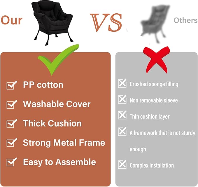 Lazy Chair for Living Room, Modern Accent Chairs with Armrests, Black Armchairs with Side Pocket, Cozy Lazy Sofa for Reading, Balcony, Bedroom, Dorm, Small Spaces