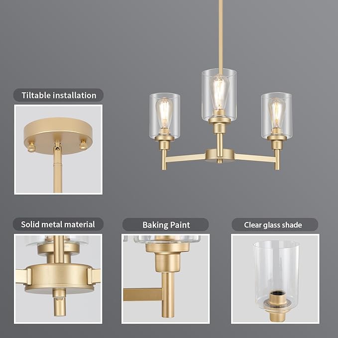 3-Lights Gold Chandeliers for Dining Room Light Fixture, Farmhouse Chandeliers Over Table, Hallway Lighting Fixtures with Glass Shade for Entryway Dining Room Kitchen Island Foyer
