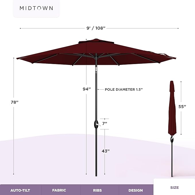 Midtown Umbrellas – The Lean 9 Ft Patio Umbrella with 10-Year-No-Fade Acrylast Acrylic Fabric, Auto-Tilt and 8 Reinforced Ribs for Deck, Pool, Garden, Hotel & Cafes – Bordeaux Canopy, Black Pole