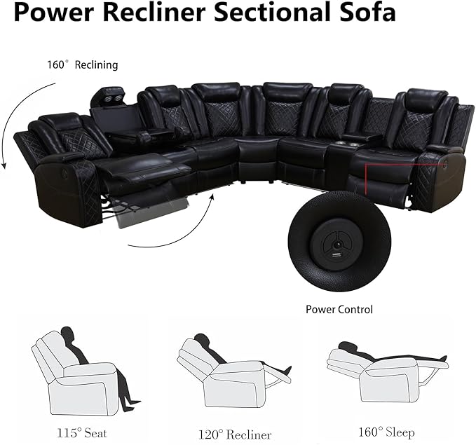 Power Recliner Sectional Sofa with LED Light, Breathing Leather Recliner Sofa Couch with Storage/Cup Holder for Living Room Home Office Theater (Black)