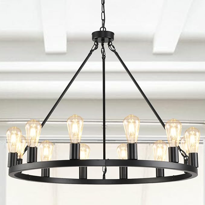 12 Lights Wagon Wheel Chandelier,31.5 inch Black Round Rustic Industrial Vintage Farmhouse Chandeliers for Outdoor Porch High Ceilings Living Dining Room Foyer Entryway