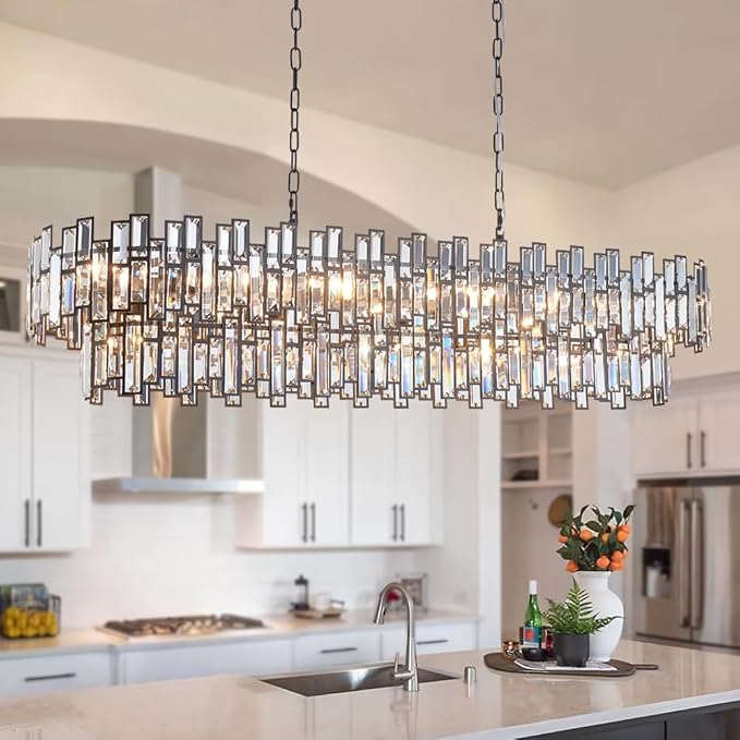 Black Contemporary Chandelier Foyer Entryway Lighting, 2-Tier Large Foyer Entrance Chandeliers for Living Room Kitchen Island High Ceiling Big Crystal Chandelier(Length 55.1 inch 21 Lights)