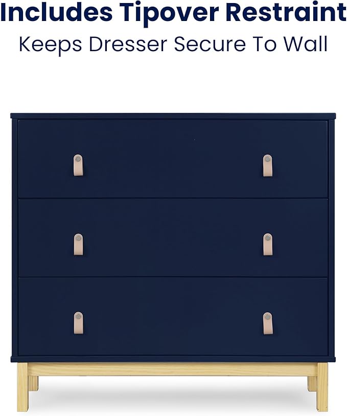 babyGap Legacy 3 Drawer Dresser with Leather Pulls and Interlocking Drawers by Delta Children, Navy/Natural