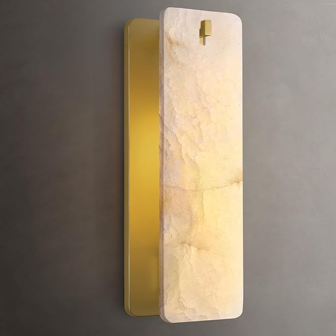 Modern Rectangular Alabaster Wall Sconce 16 Inch, Natural Spanish Stone Vanity Light Fixture, Brass Gold Dimmable Hardwired E12, Luxury Sconces for Bathroom Mirror Bedroom Bedside Corridor Home Decor