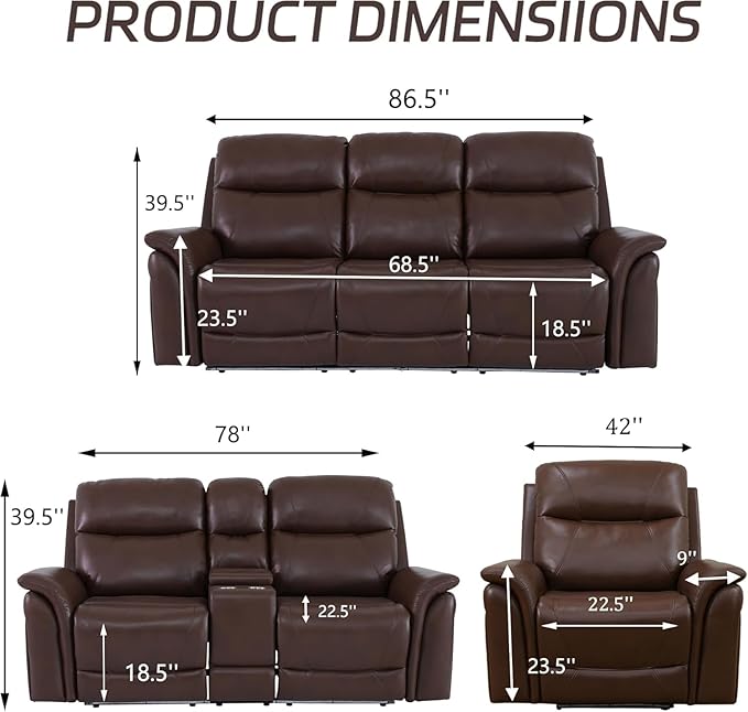 Power Recliner Sofa Set with LED, Breathing Leather Living Room Furniture,3 Piece Reclining Couch Set with USB Ports/Cup Holder/Storage for Home Theater (Brown)